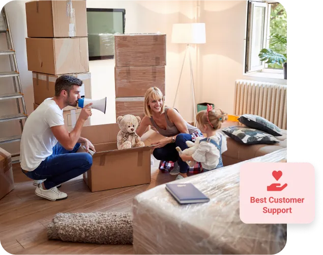 Family playing in their packed up living room