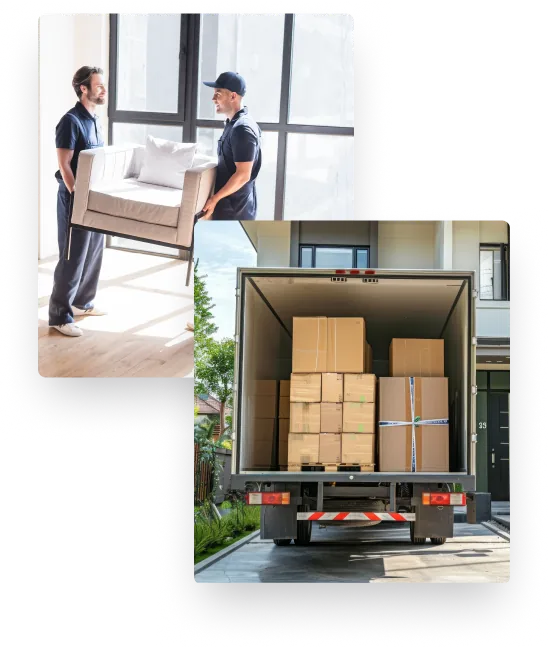 Two men carrying a couch and a box truck packed with moving boxes